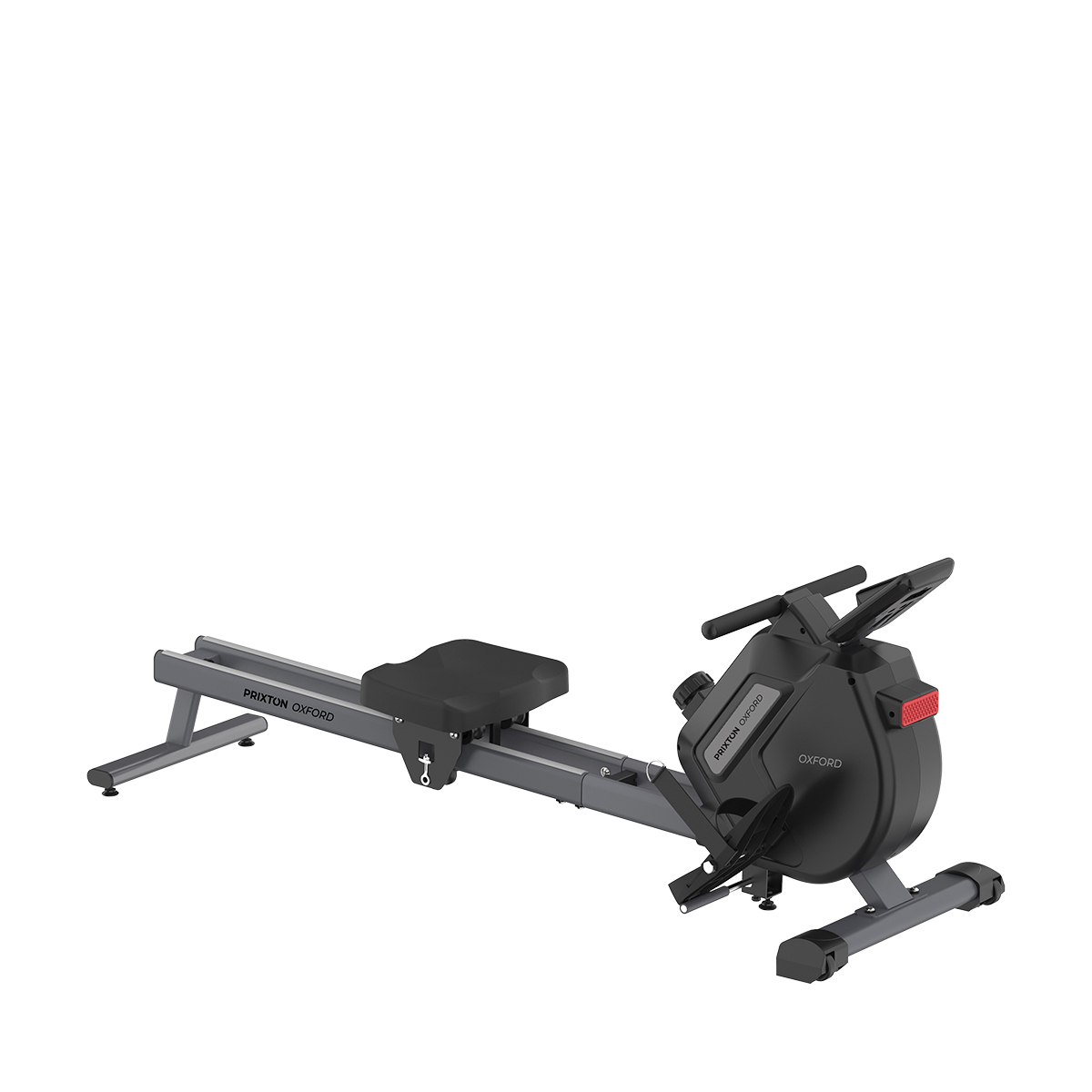 Czarna i szara maszyna do wiosłowania, odizolowana na białym tle, z marką „PRIKTON OXFORD”.