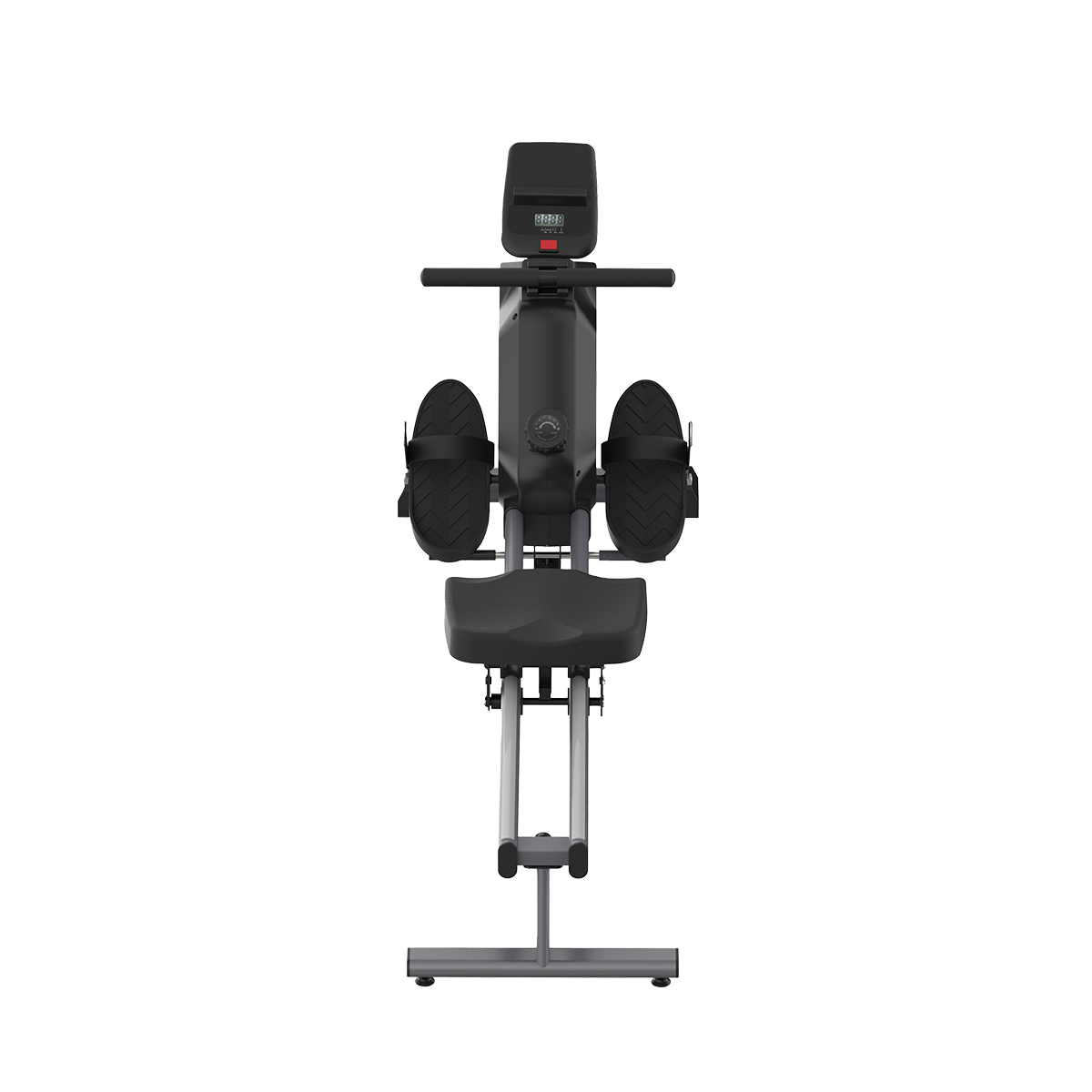 Czarna maszyna do wiosłowania na białym tle, z wyświetlaczem cyfrowym, podpórkami na stopy i siedziskiem.