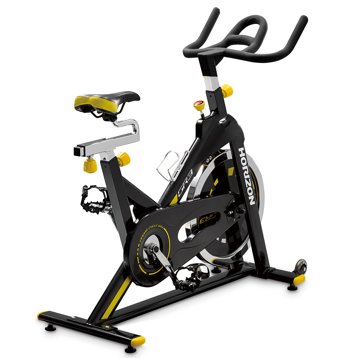 Bicicletta da fitness con dettagli neri e gialli, su sfondo bianco.
