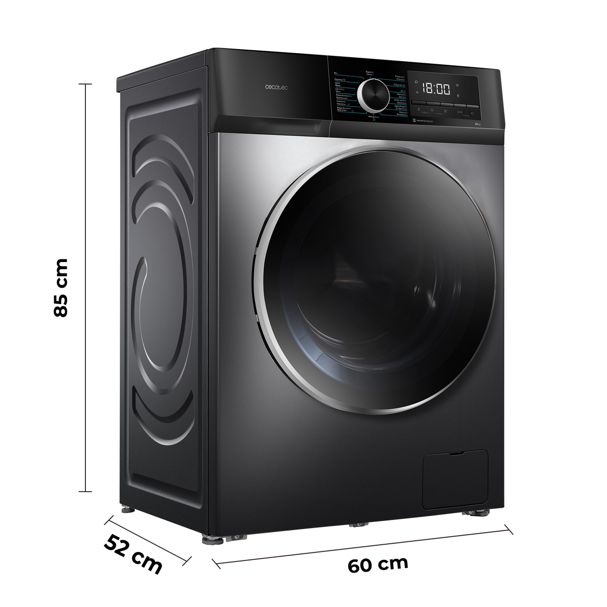 Pralka, czarna ze srebrnymi akcentami. Wyświetlacz cyfrowy, duże drzwi i czarne tło z wymiarami.