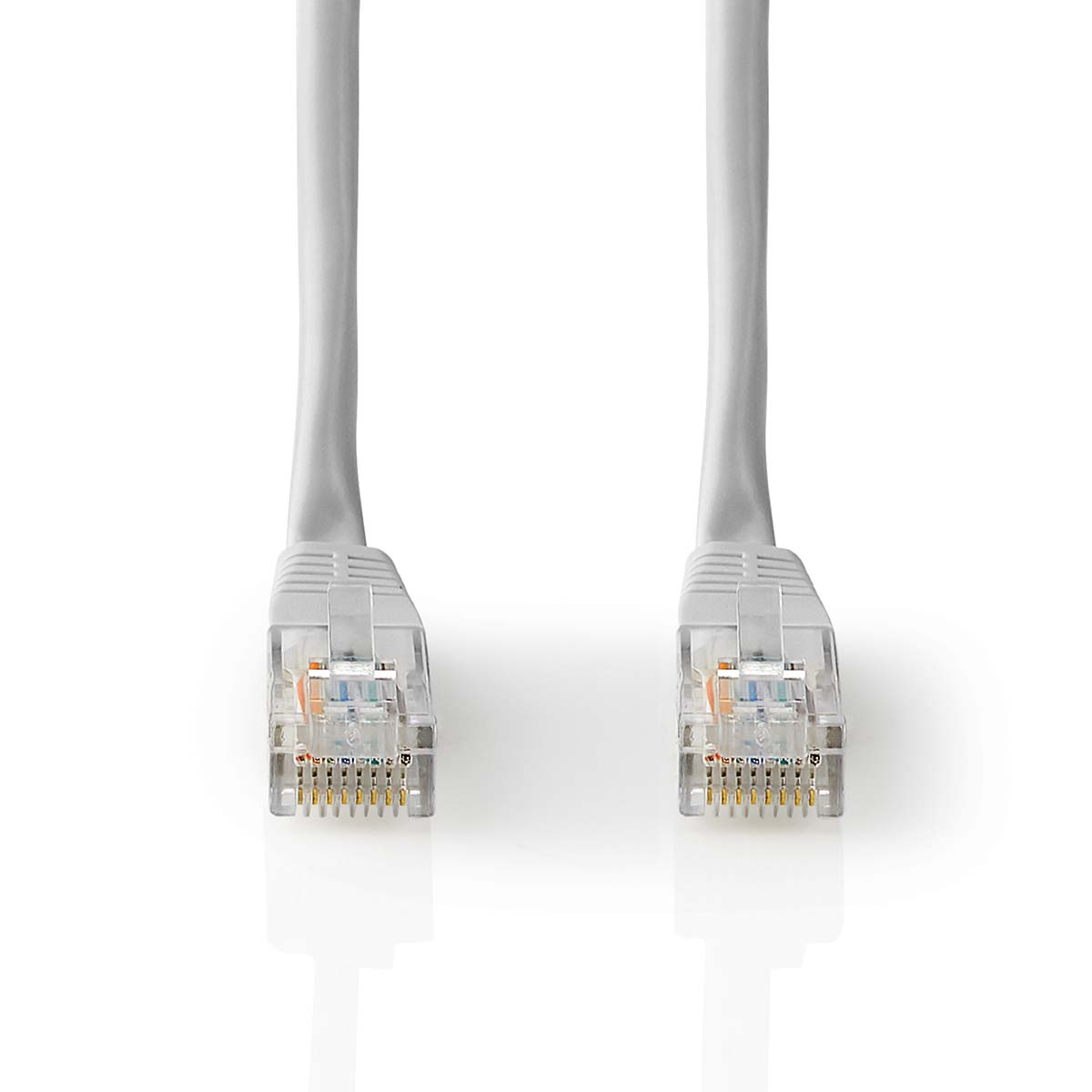 Due cavi Ethernet bianchi con connettori trasparenti su sfondo bianco.