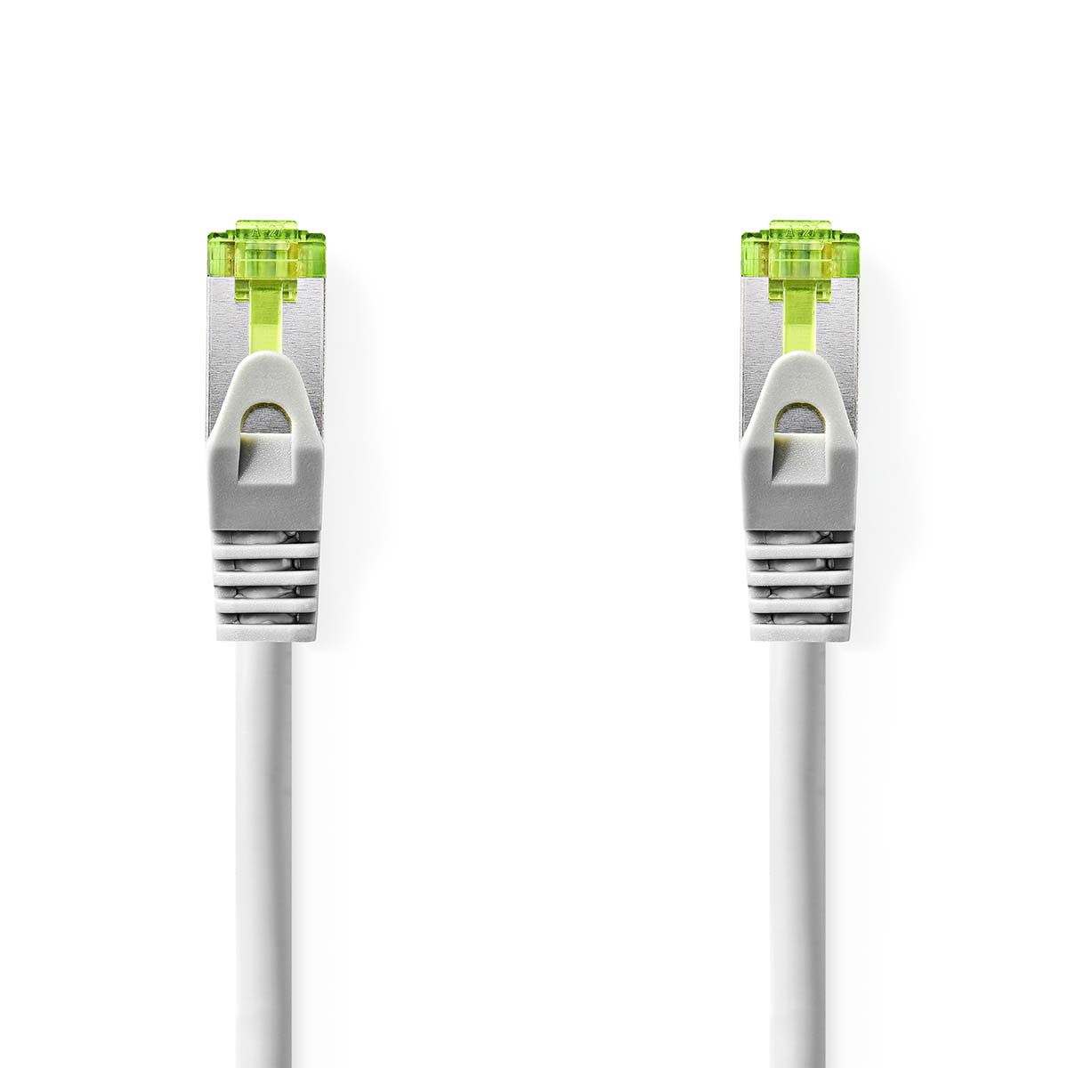 Dwa białe kable Ethernet z szarymi złączami i zielonymi wkładkami na białym tle.