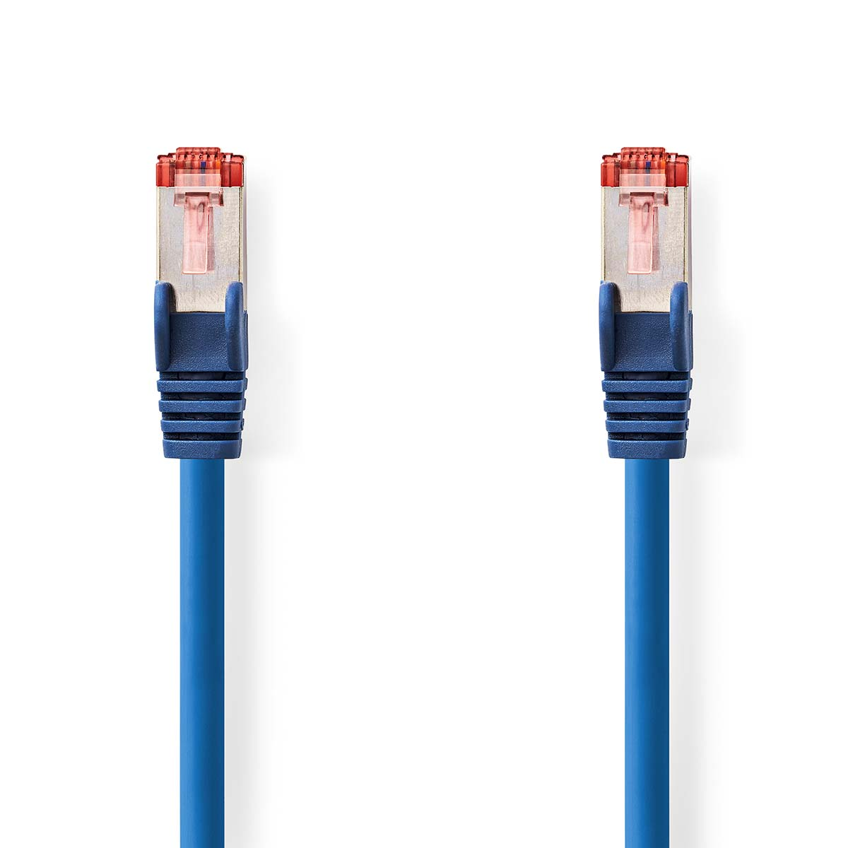 Zwei blaue Ethernet-Kabel mit roten Steckern auf weißem Hintergrund.