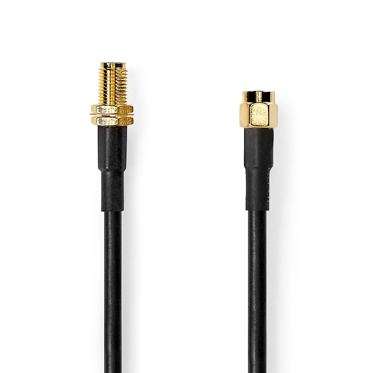 Dos cables negros con conectores dorados, toma cercana.