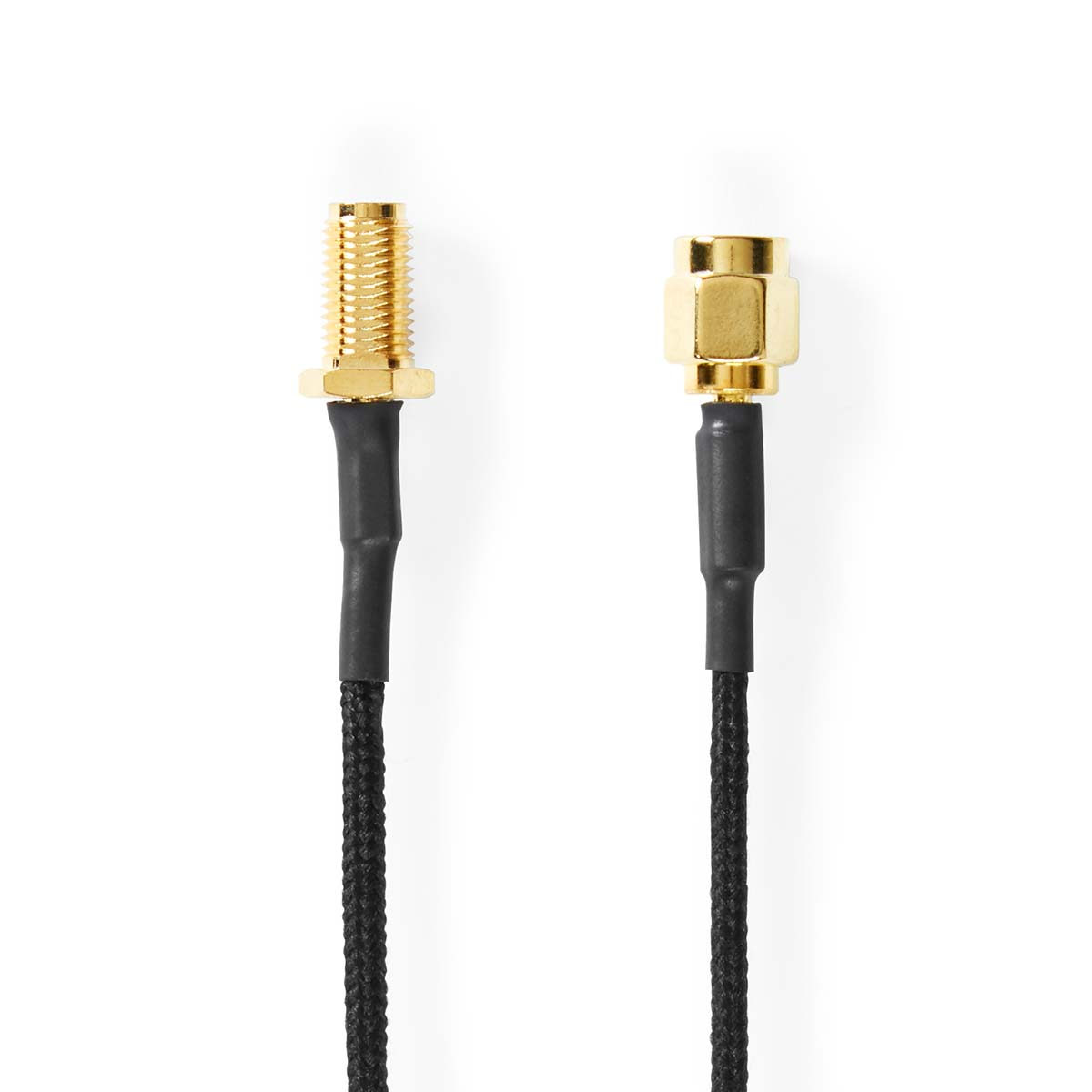 Zwei goldene und schwarze Kabel auf Weiß. Ein Ende hat einen Schraubanschluss.