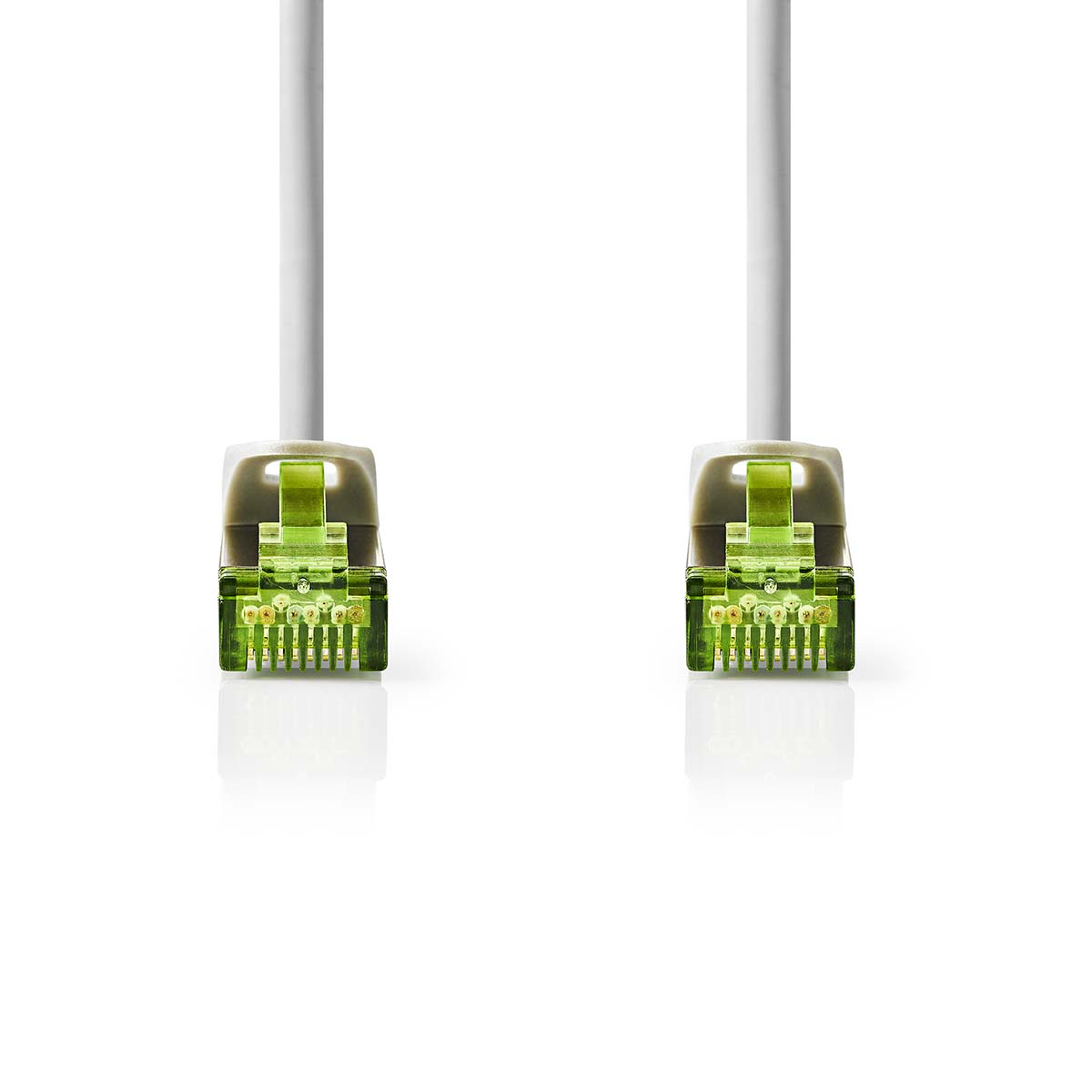 Two white network cables with green RJ45 connectors, against a white background.