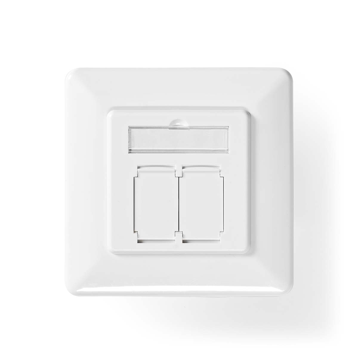 A white wall plate with two empty RJ45 ports on a white background.
