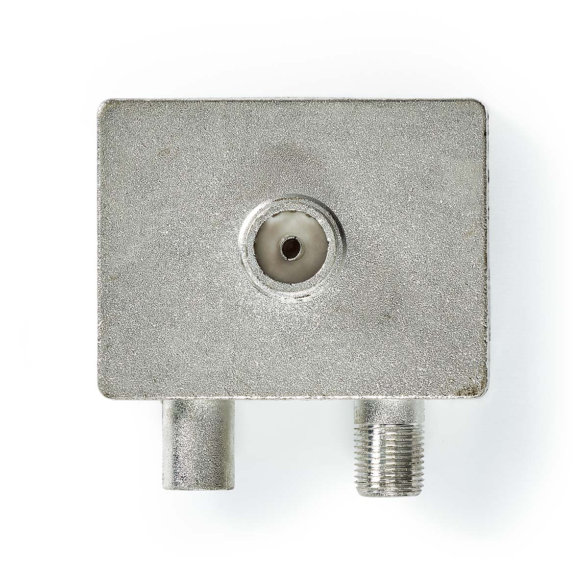 Een zilveren rechthoekige metalen connector met twee schroefconnectoren.