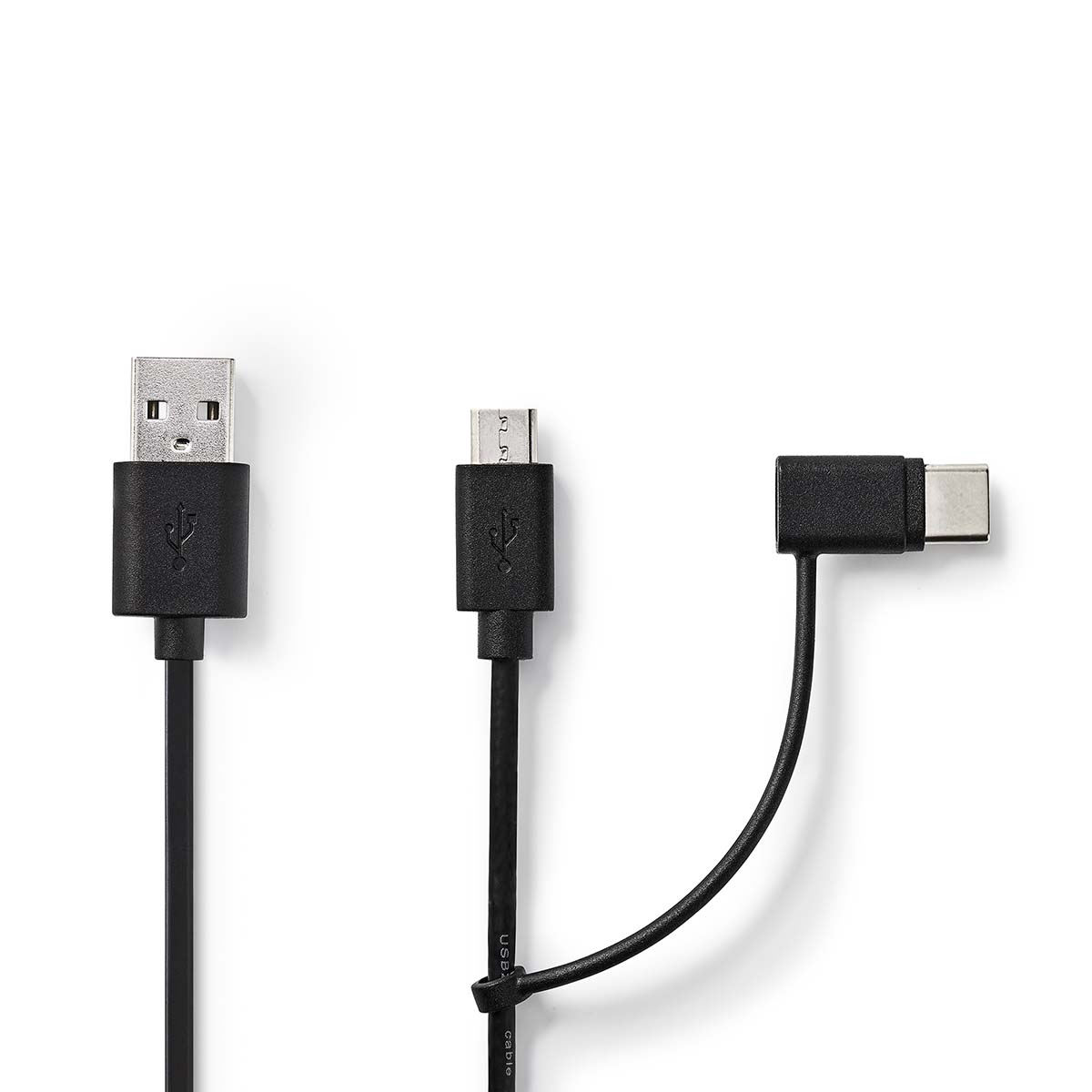 Three black USB cables: USB-A, Micro-USB, and USB-C connectors.