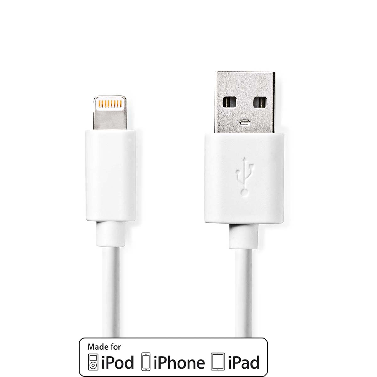 Biały kabel USB do iPhone/iPad z wtykami Lightning i USB.