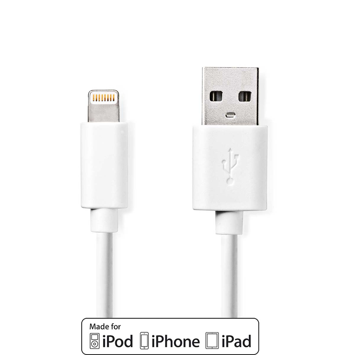 Biały kabel ładujący z wtyczkami USB i Lightning na białym tle. Tekst: 'Made for'.
