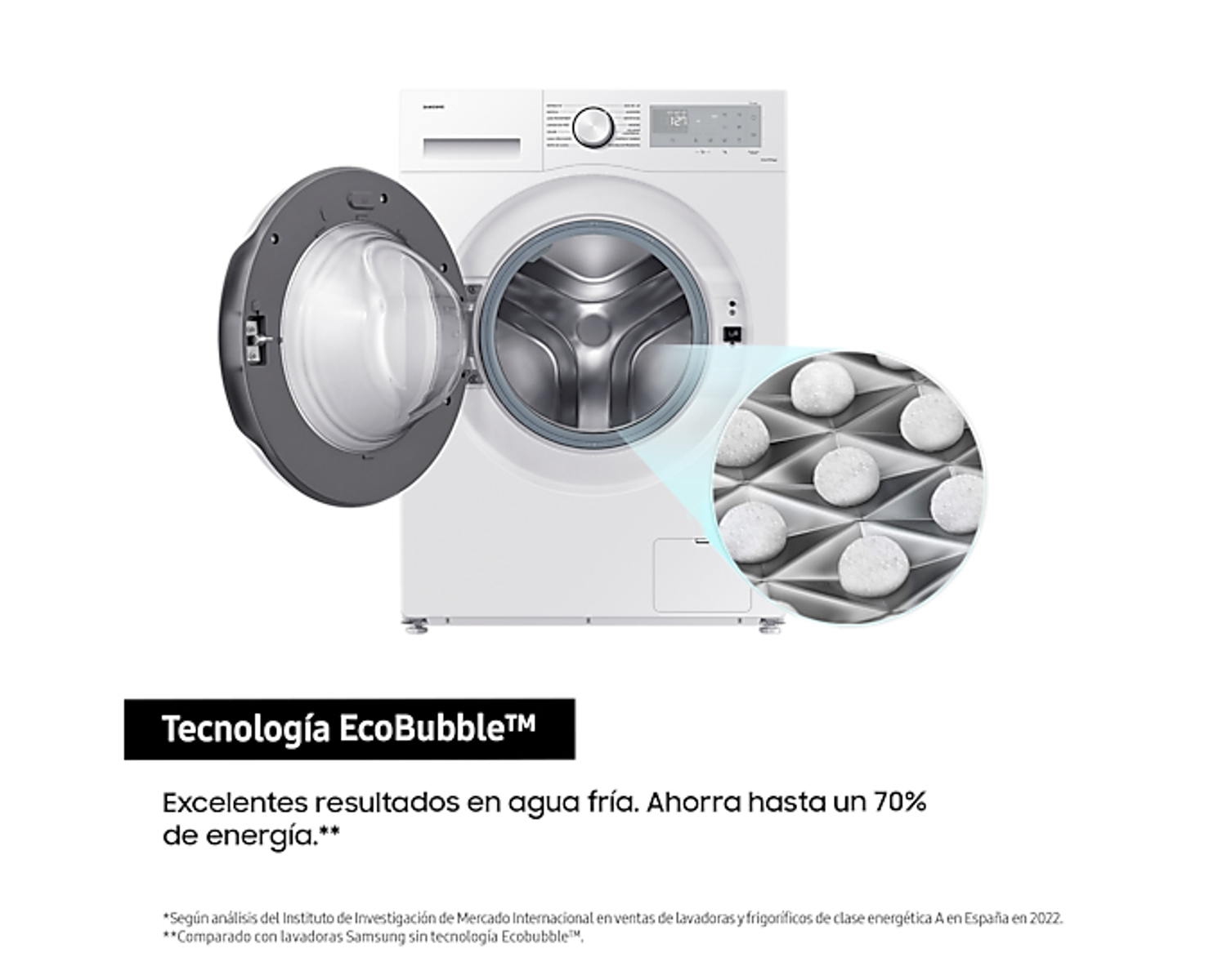 Lavadora Samsung blanca con la puerta abierta, con tecnología EcoBubble.