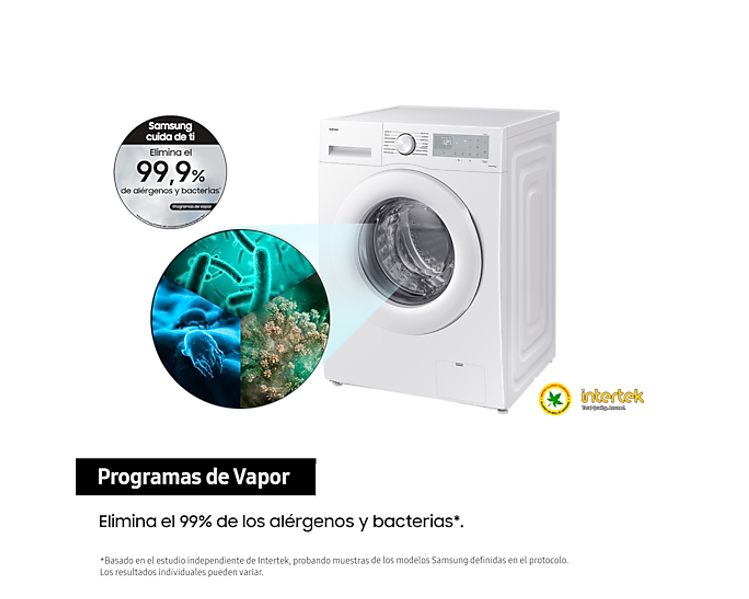 Lavadora blanca con un gráfico que muestra la eliminación de alérgenos y bacterias. Logotipo de Intertek visible.