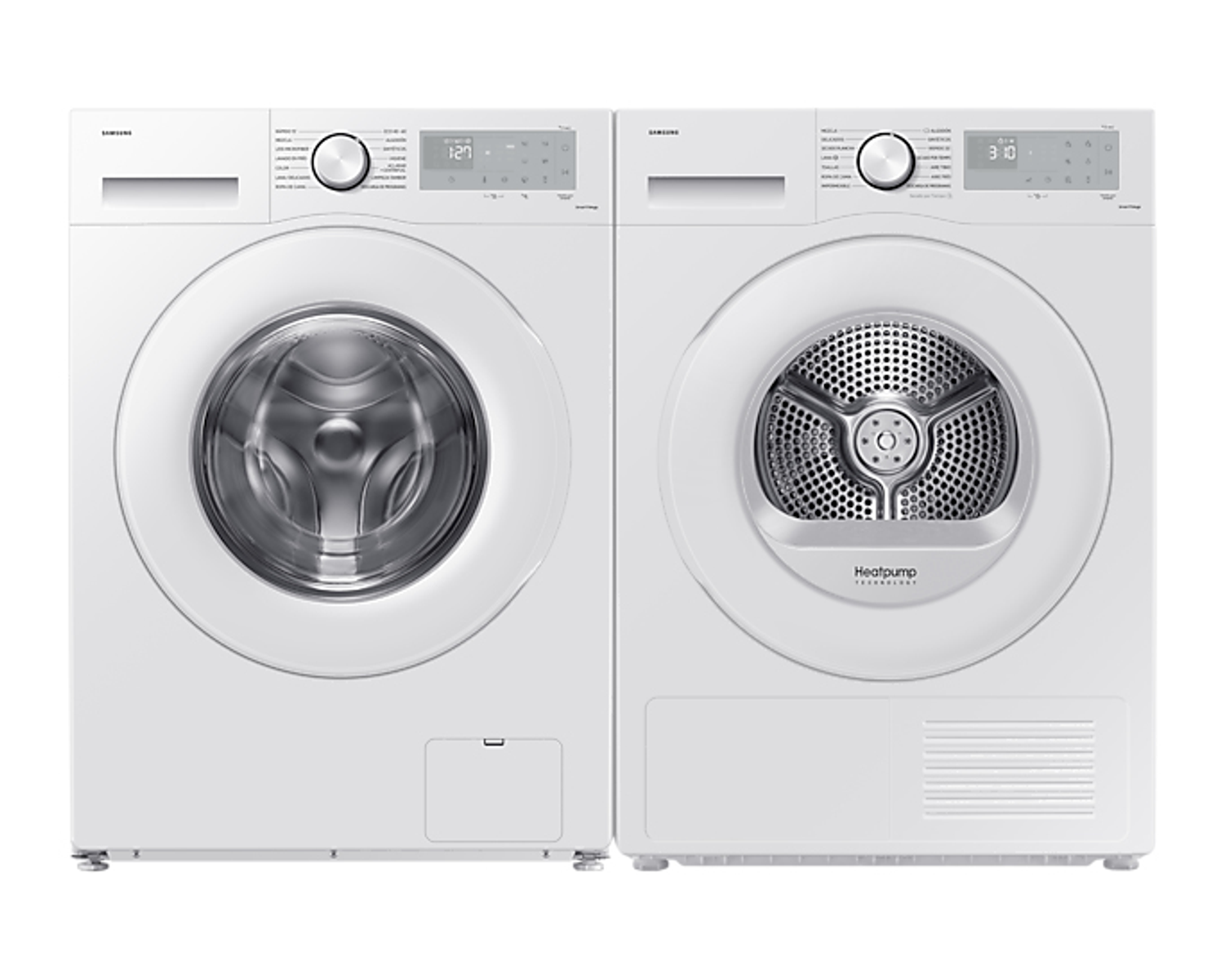 Biały zestaw pralki i suszarki Samsung, widok z przodu. Każda z drzwiami i panelem sterowania.