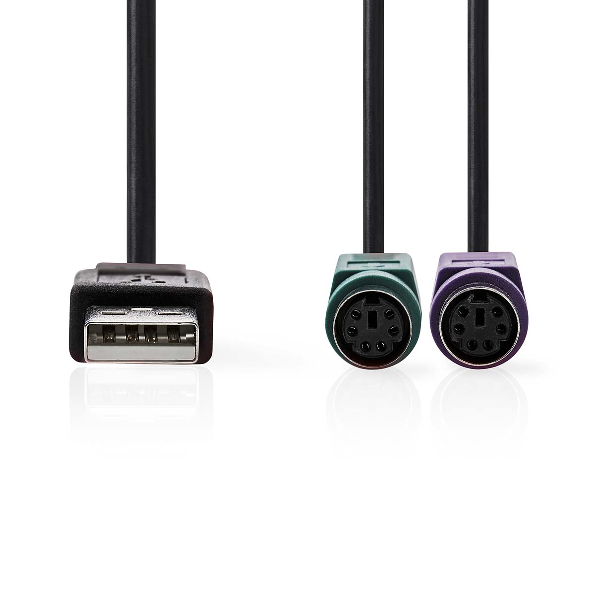 Cavo USB e due connettori PS/2 su sfondo bianco.