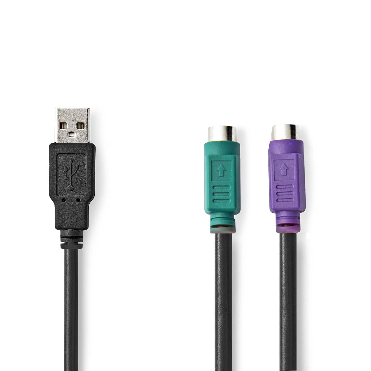 USB nero e due cavi PS/2 su sfondo bianco.