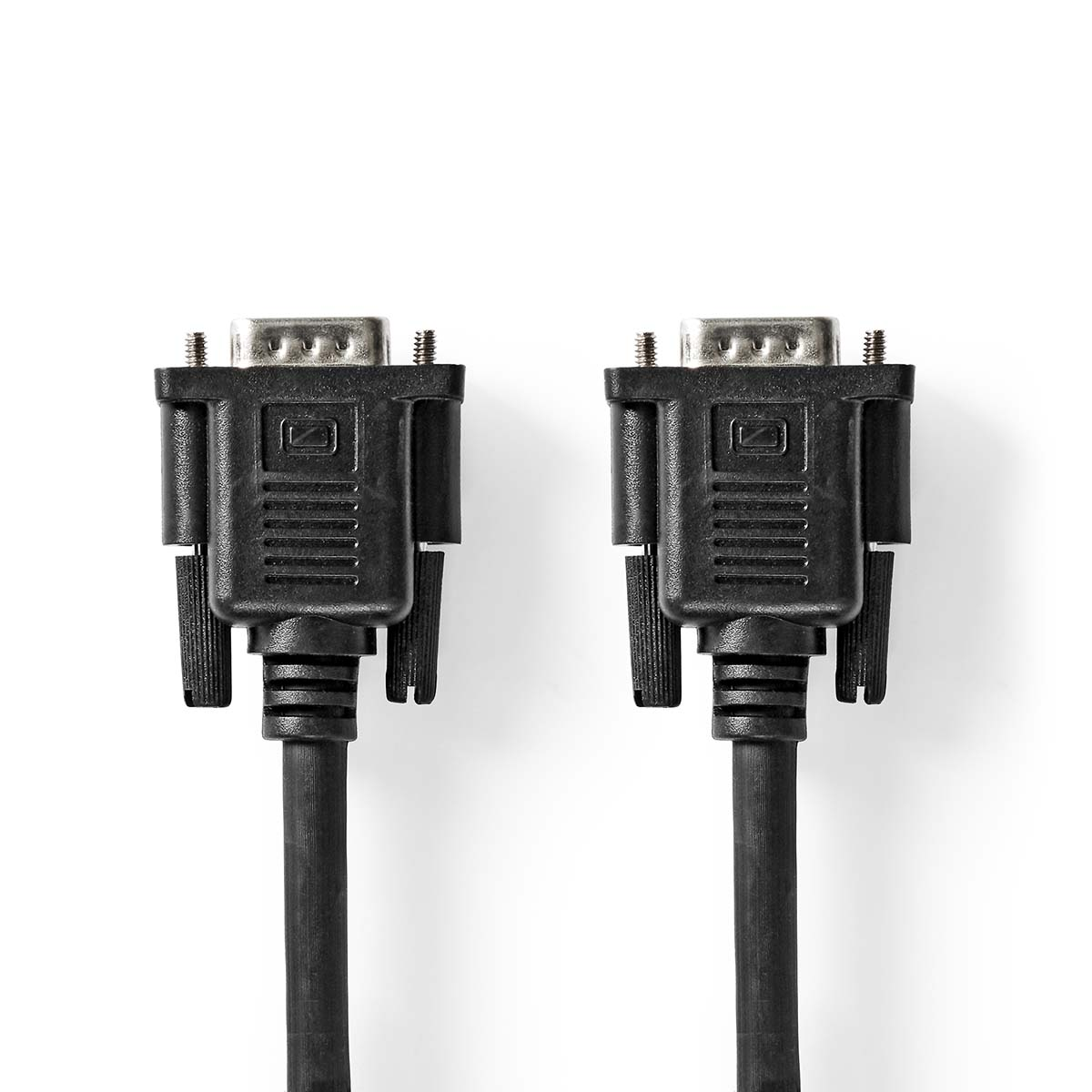 Zwei schwarze VGA-Kabel, die Anschlüsse zeigen zum Betrachter, auf weißem Hintergrund.