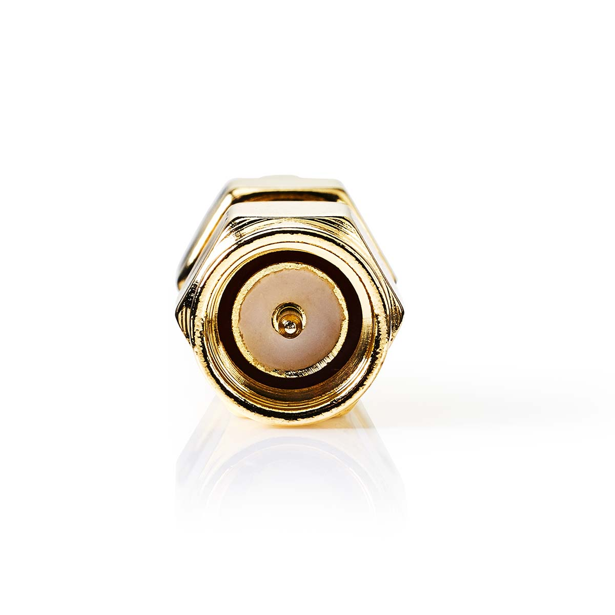 Een goudkleurige coaxiale connector met zichtbare middelste pin, op witte achtergrond.
