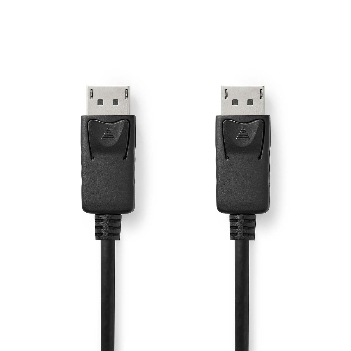 Twee zwarte DisplayPort-kabels, op een witte achtergrond.