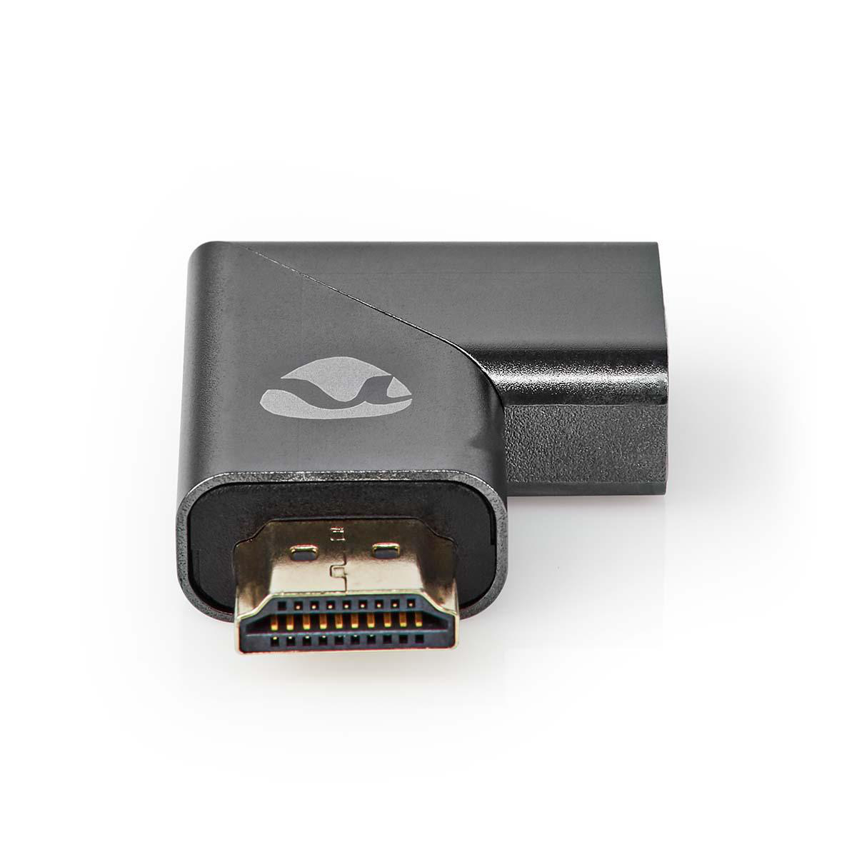 Un adattatore HDMI nero con un connettore ad angolo retto su sfondo bianco.