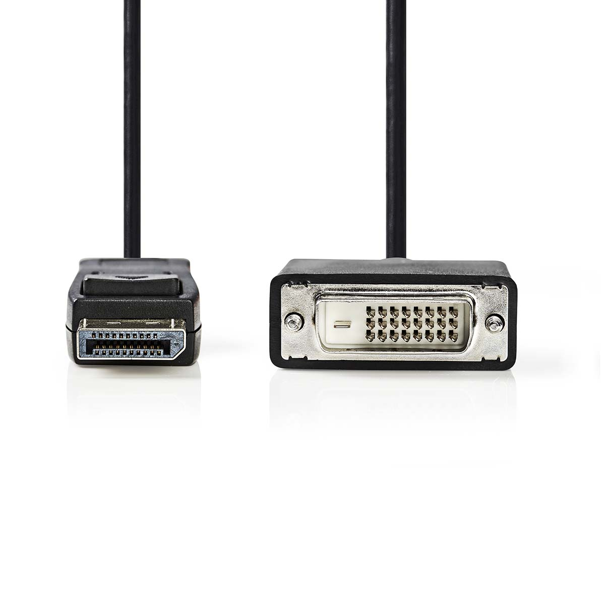Zwarte kabel met DisplayPort- en DVI-connectoren op een wit oppervlak, de uiteinden tonend.