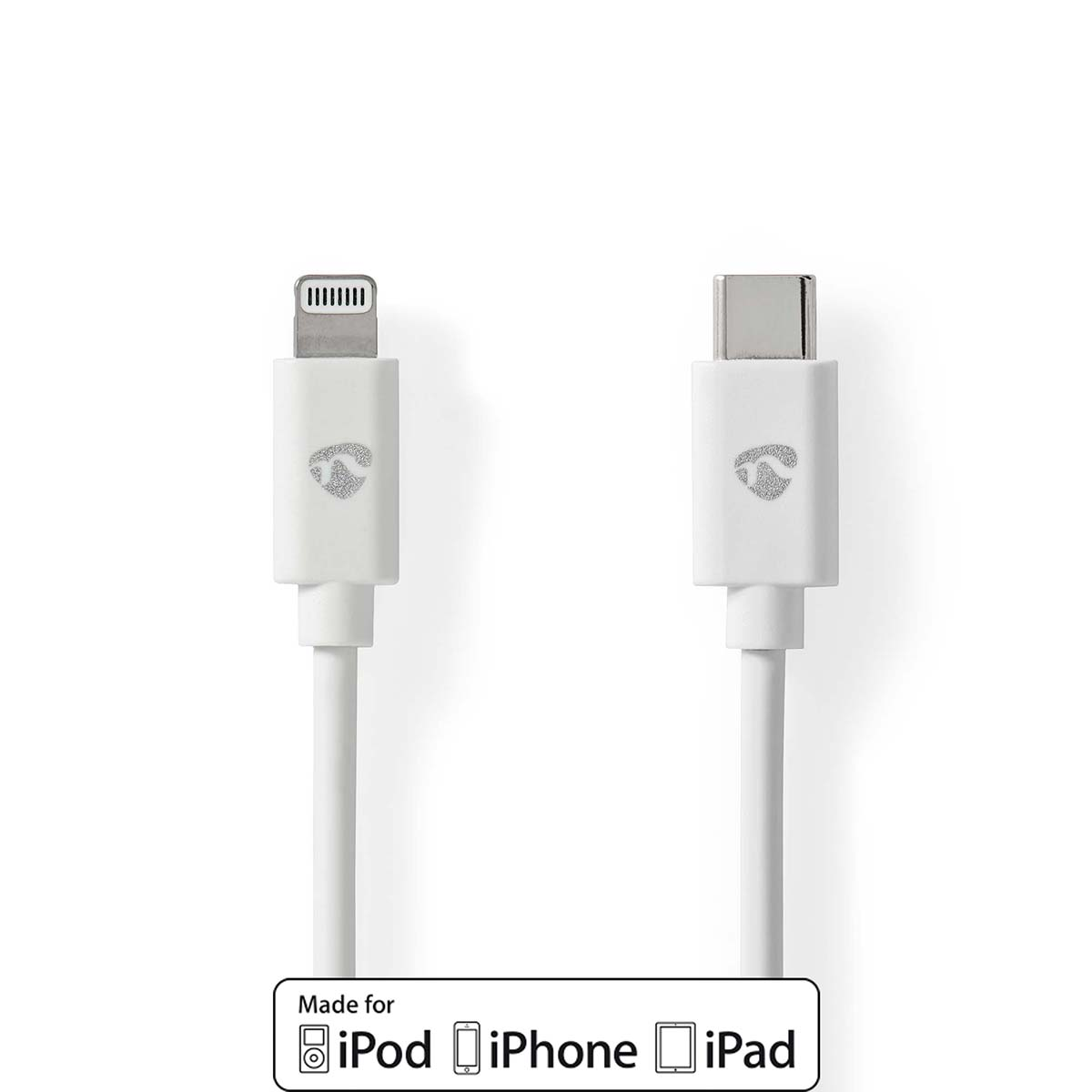 Un câble blanc avec connecteurs Lightning et USB-C sur fond blanc, avec logos.