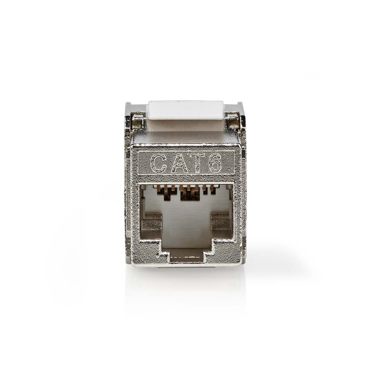 Close-up of a metallic RJ45 connector labeled CAT6 on a white background.