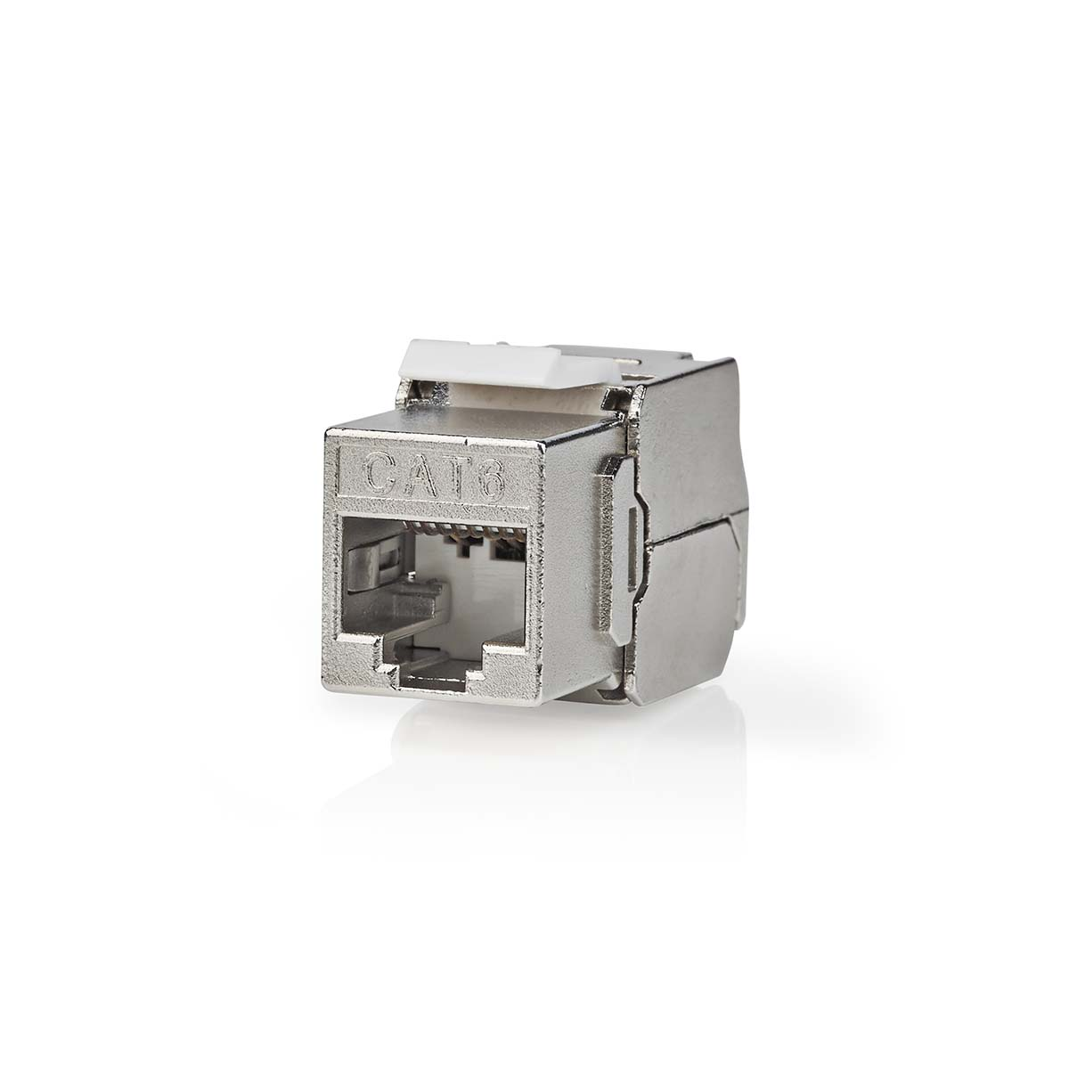 Silver CAT6 connector with CAT6 marking. White background.
