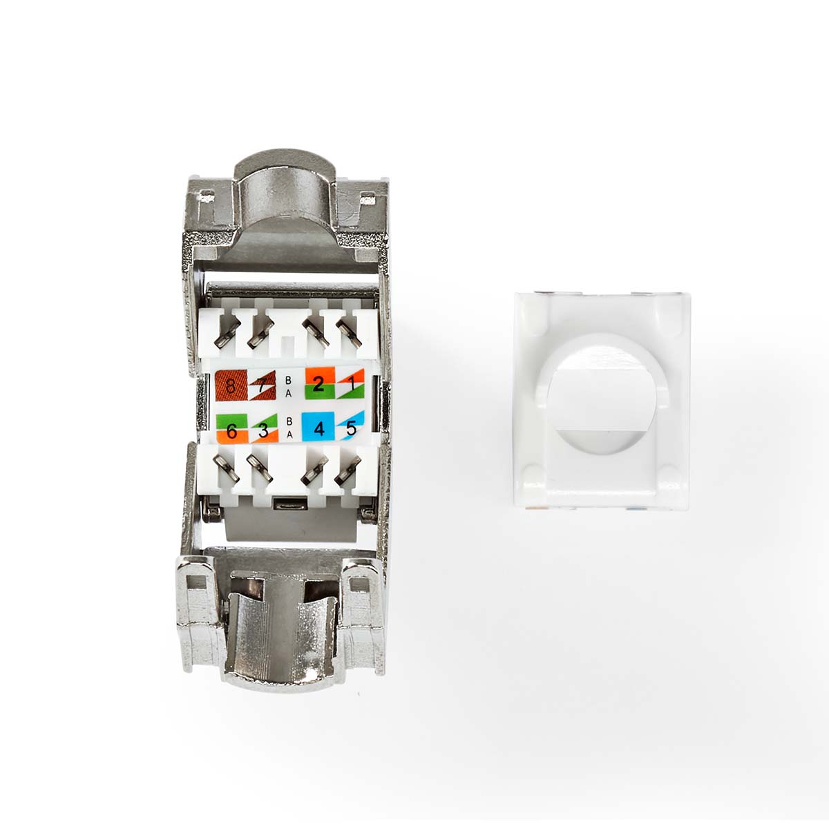 A metal RJ45 connector and a plastic cover, against a white background. 