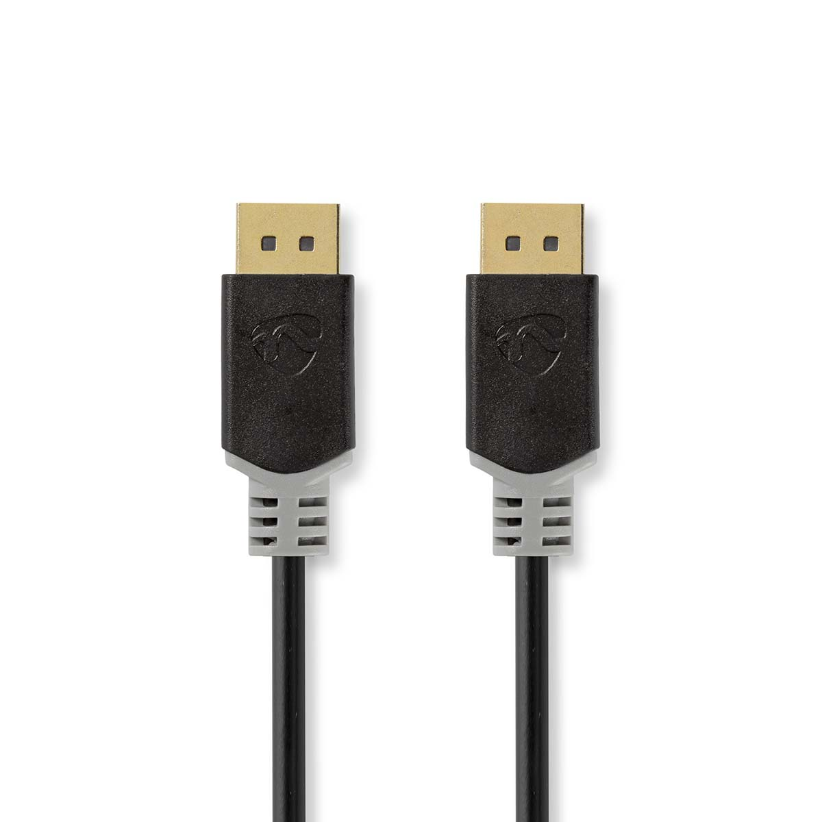 Twee zwarte DisplayPort-kabels met grijze connectoren. Witte achtergrond.