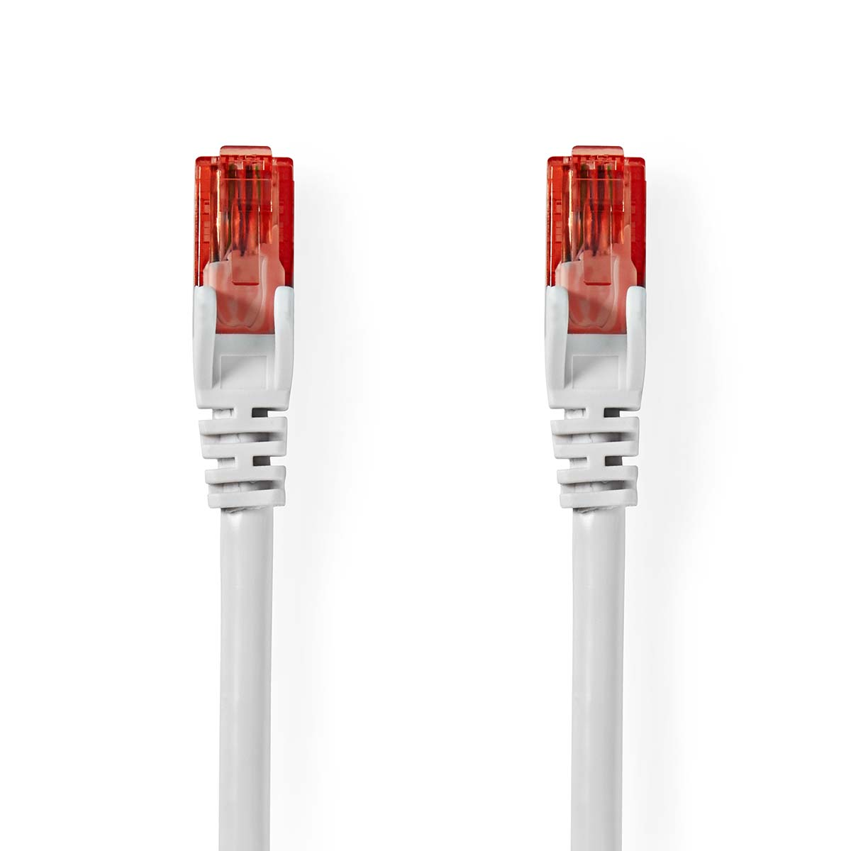 Twee witte Ethernet-kabels met rode connectoren, gezien vanaf de connectorzijde, op wit.
