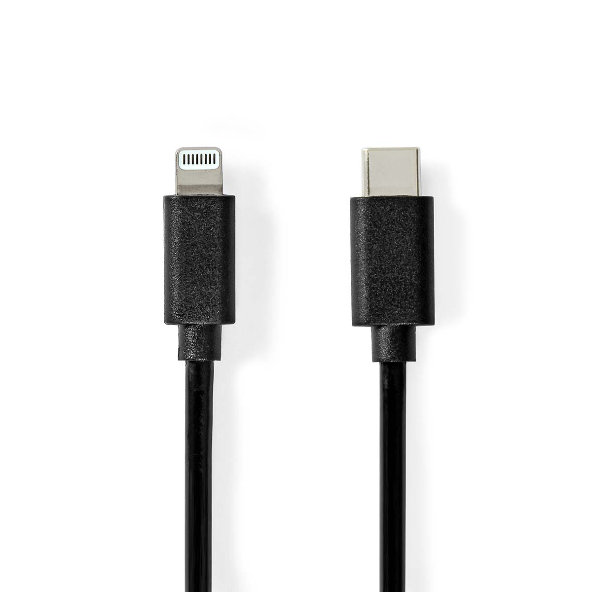 Câble noir avec connecteur Lightning et connecteur USB-C sur fond blanc.