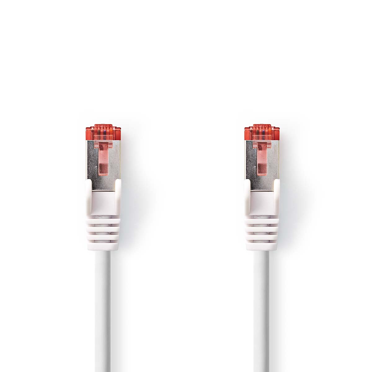 Zwei weiße Netzwerkkabel mit roten RJ45-Anschlüssen. Der Hintergrund ist weiß.