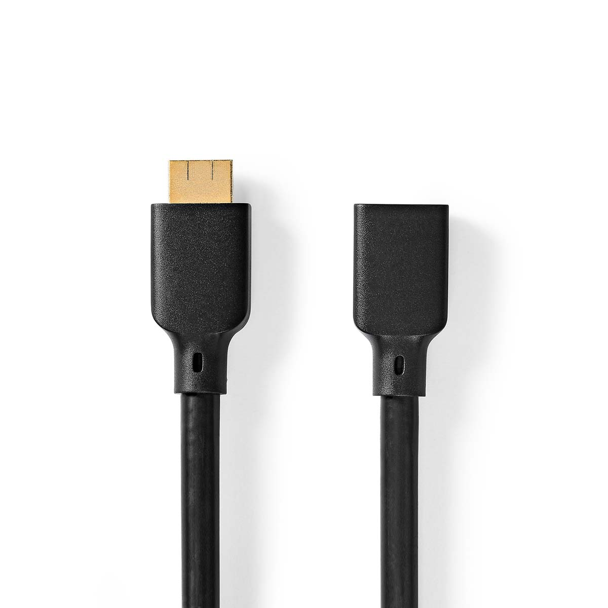 Twee zwarte kabels met gouden en zwarte connectoren. Witte achtergrond.