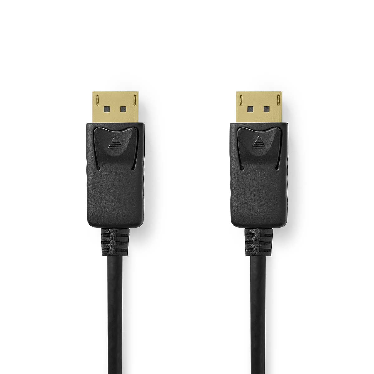 Deux câbles DisplayPort noirs sur fond blanc, connecteurs vers le haut.