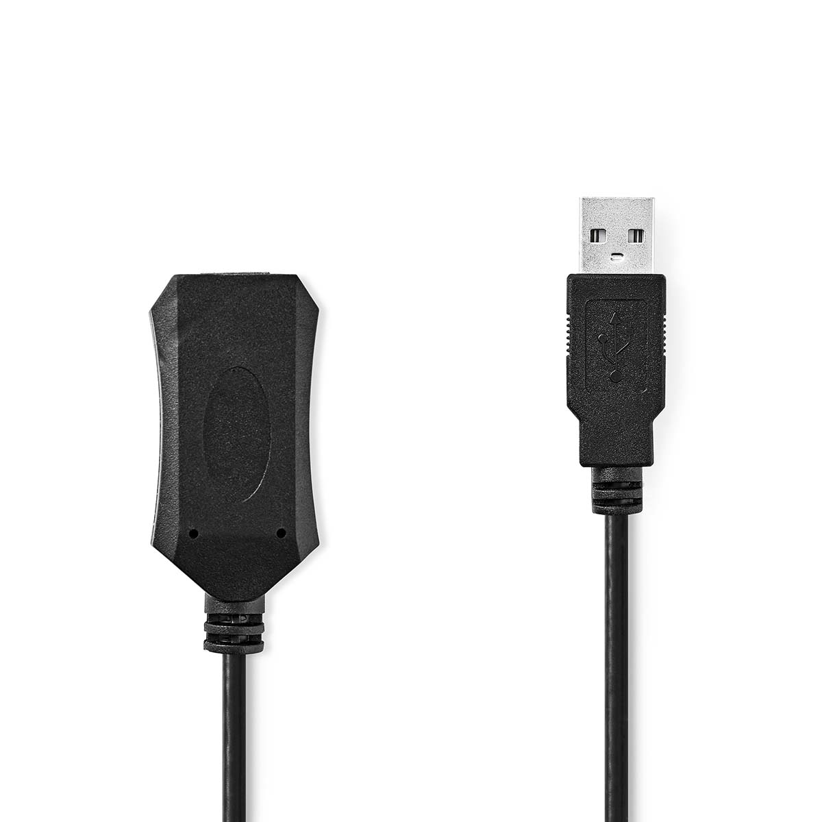 Czarny kabel przedłużający USB. Białe tło.