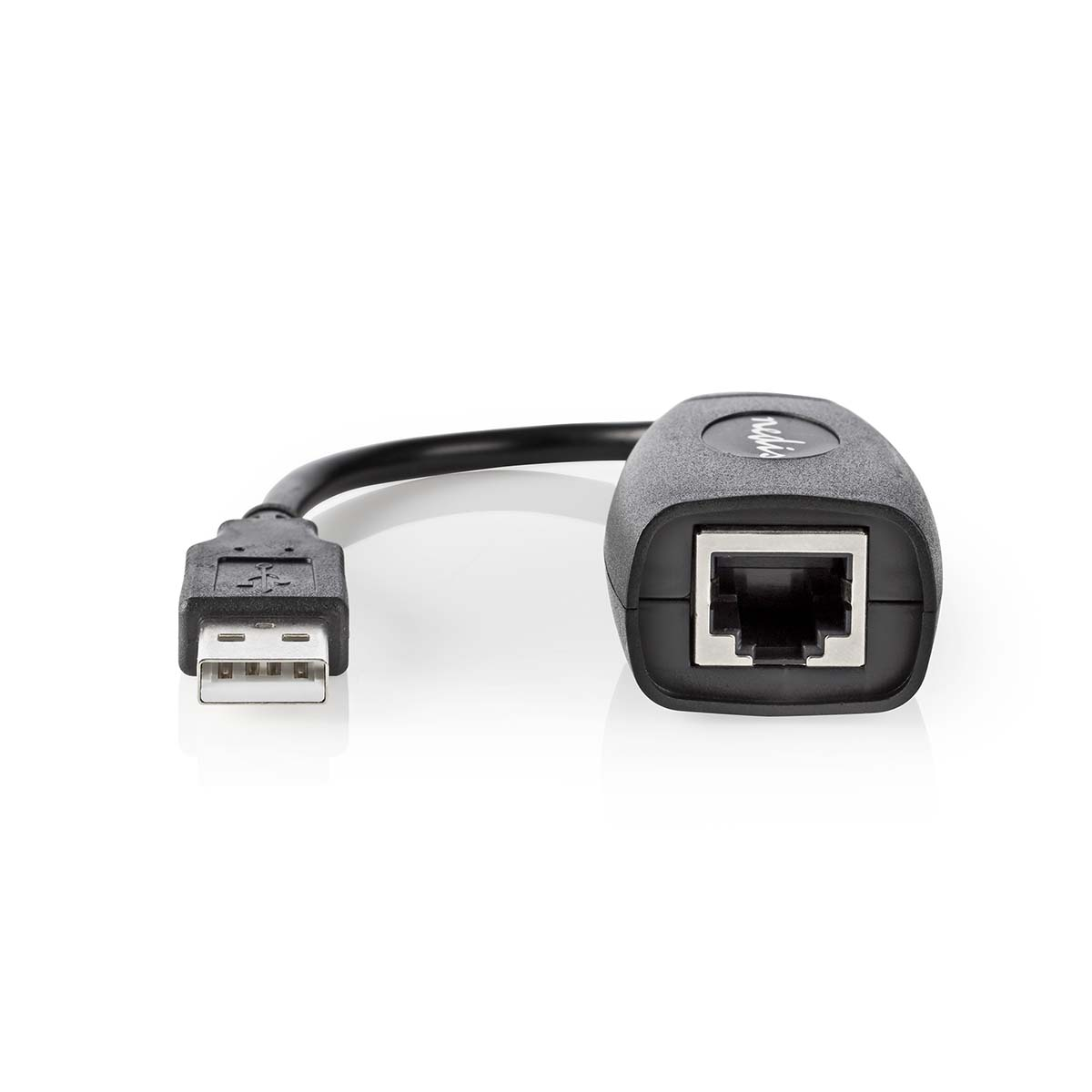 Un adattatore USB a Ethernet nero su sfondo bianco.