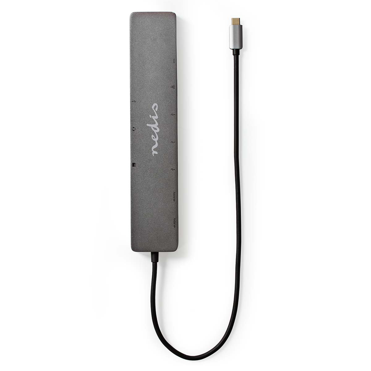 Grauer USB-Hub mit mehreren Anschlüssen, dem Nedis-Logo und einem schwarzen Kabel.