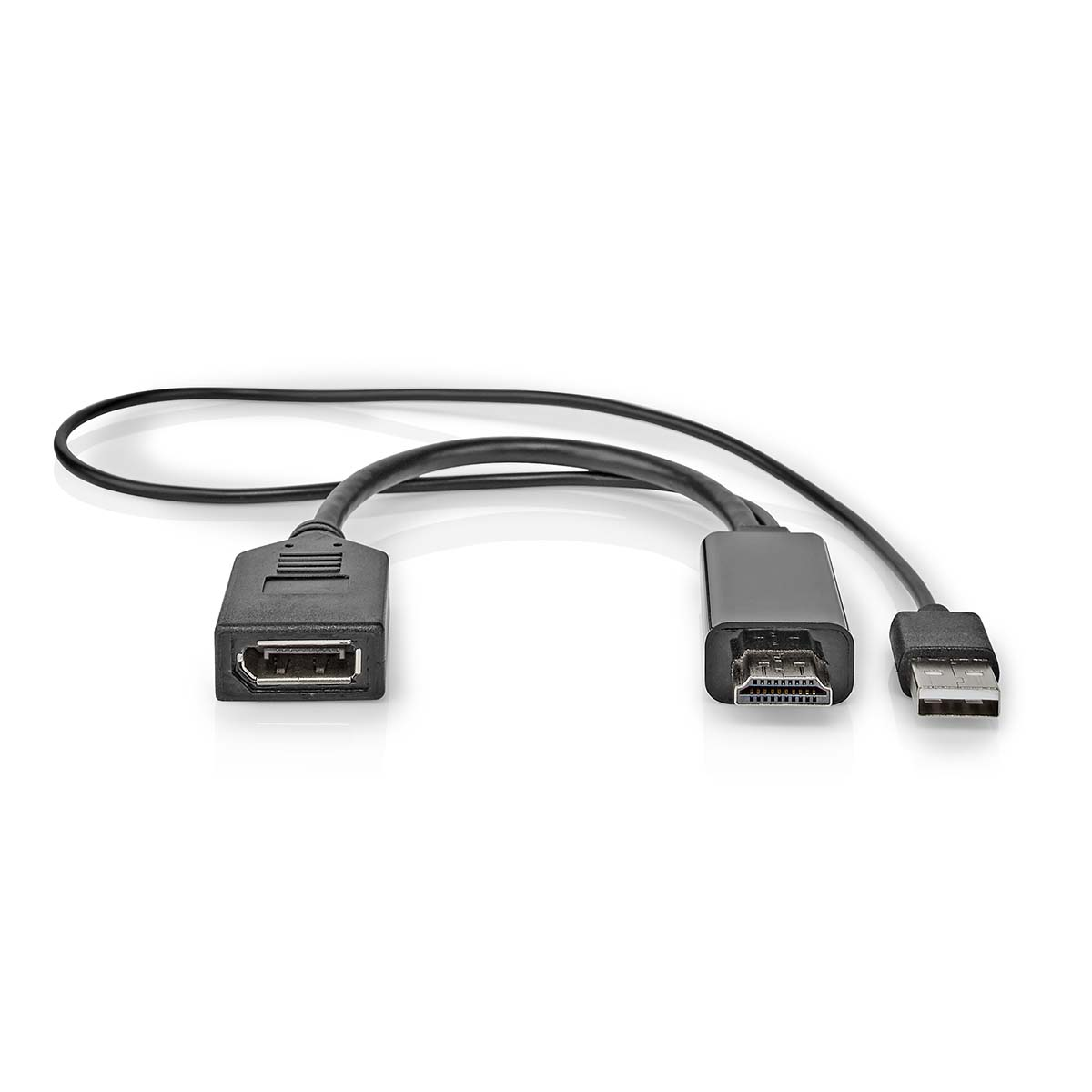 Ein schwarzer DisplayPort-zu-USB-Adapter auf weißem Hintergrund.