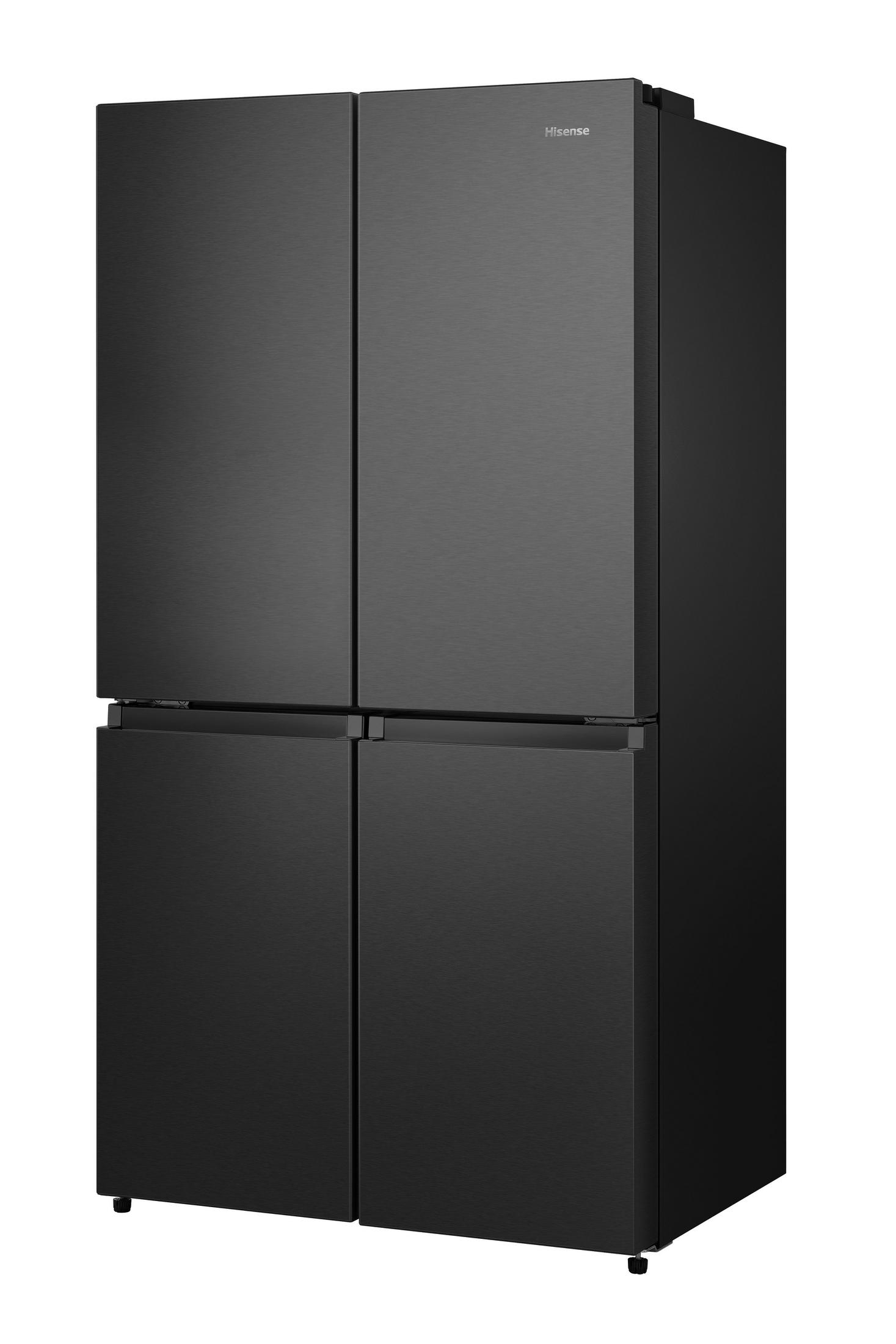 Ein schwarzer Kühlschrank mit vier Türen. Das Hisense-Logo ist oben sichtbar.