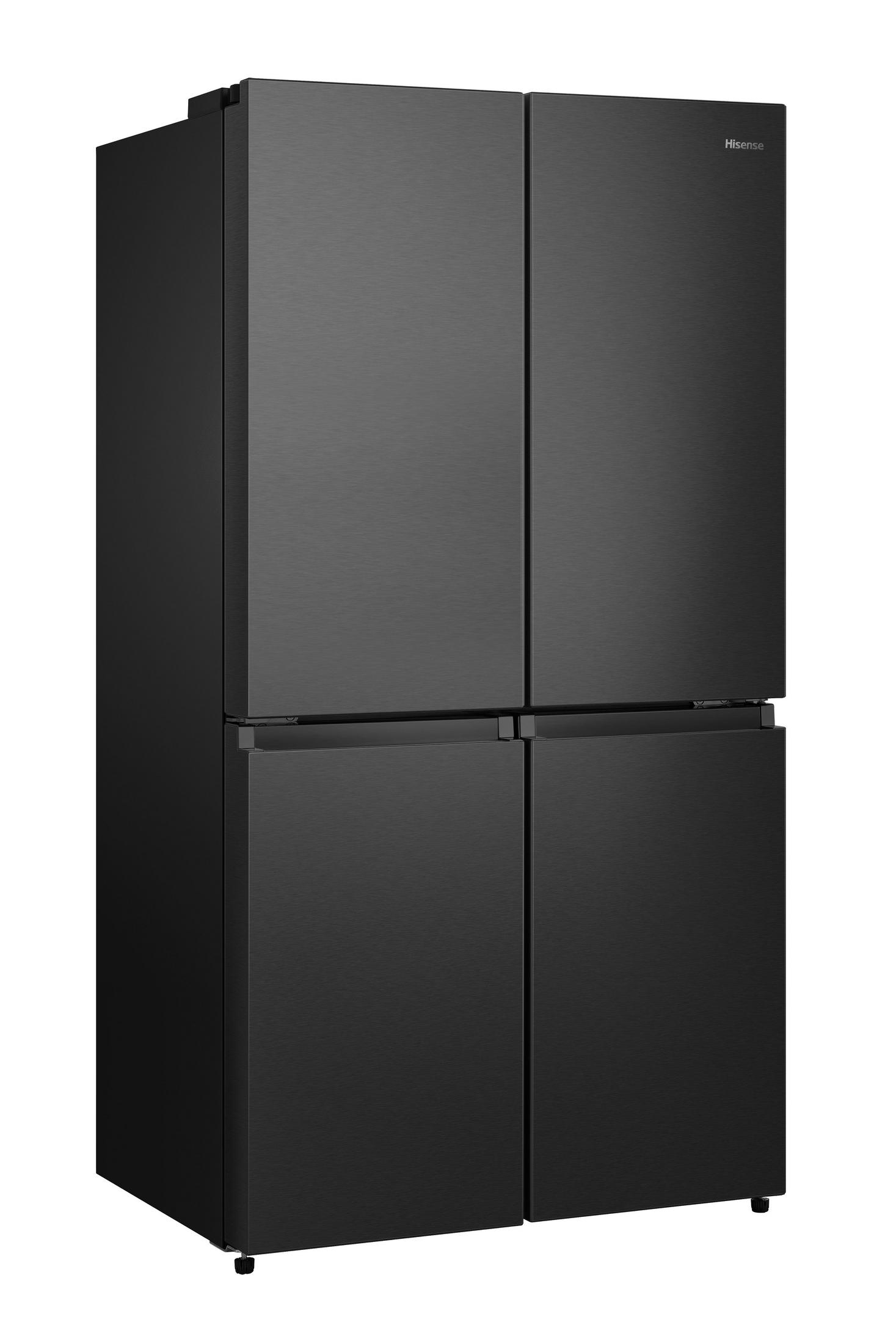 Ein schwarzer Kühlschrank mit vier Türen. Das Hisense-Logo ist oben rechts auf der Tür sichtbar.
