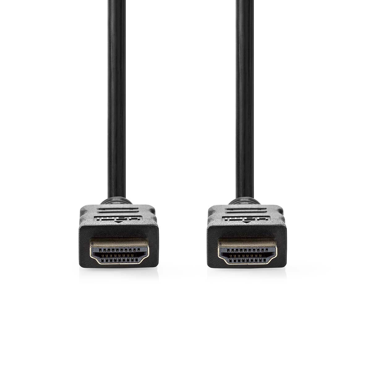 Zwei schwarze HDMI-Kabel mit HDMI-Anschlüssen auf weißem Hintergrund.