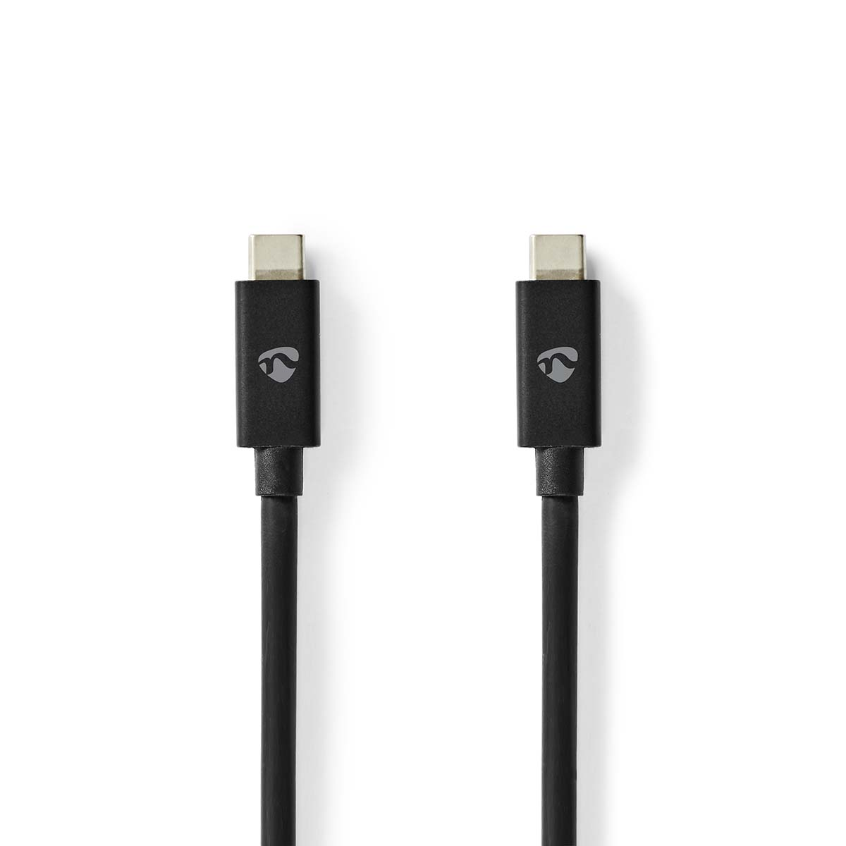 Zwei schwarze USB-C-Kabel mit USB-C-Anschlüssen auf weißem Hintergrund.