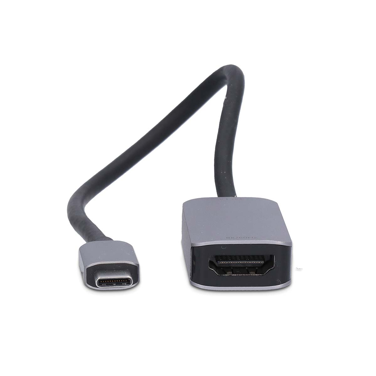 Graues USB-C-zu-HDMI-Adapterkabel. Weißer Hintergrund.