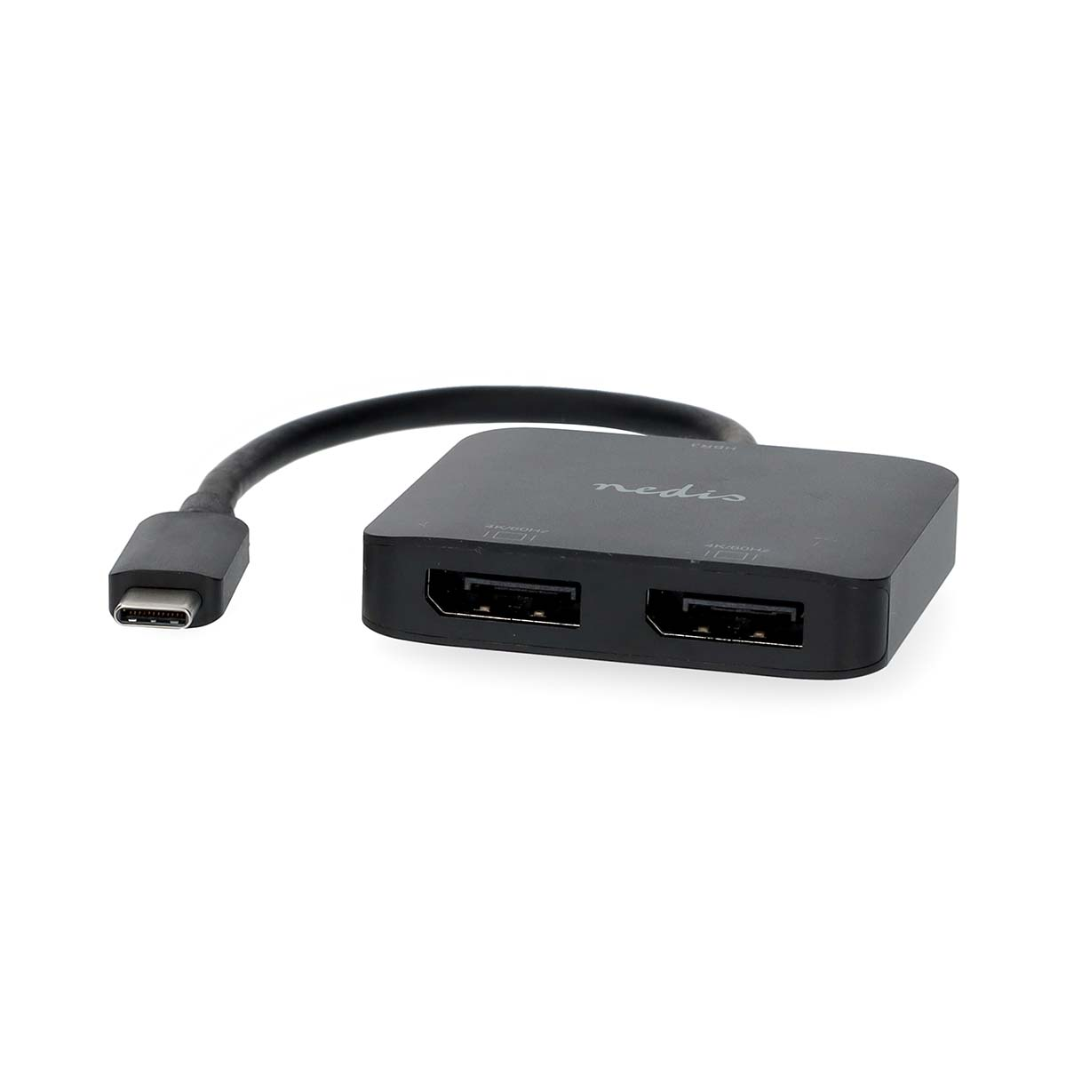Ein schwarzer USB-C-Hub mit zwei HDMI-Anschlüssen auf weißem Hintergrund.