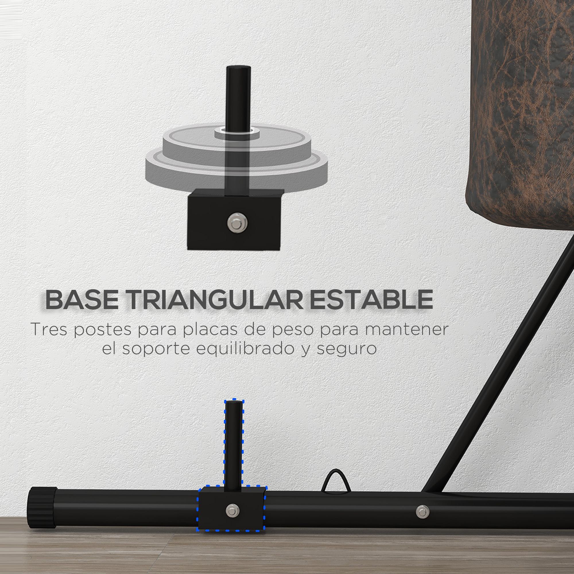 Platos de peso en un soporte con el texto "BASE TRIANGULAR ESTABLE".