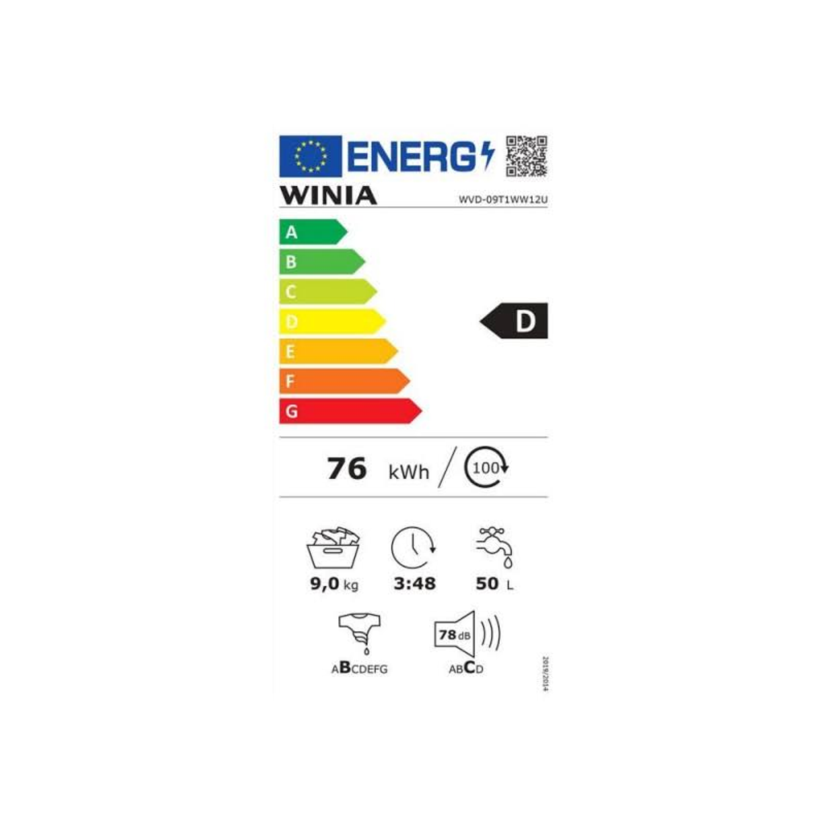 Etiqueta energética de lavadora Winia, mostrando eficiencia y datos.