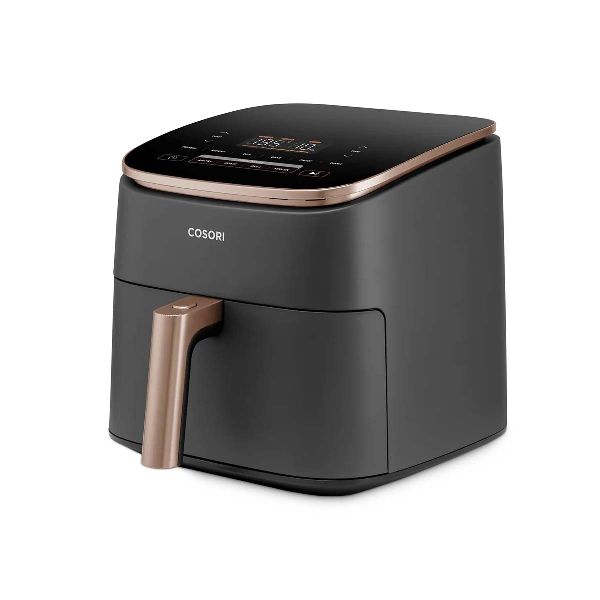 Czarna frytkownica powietrzna ze złotymi akcentami i cyfrowym wyświetlaczem.