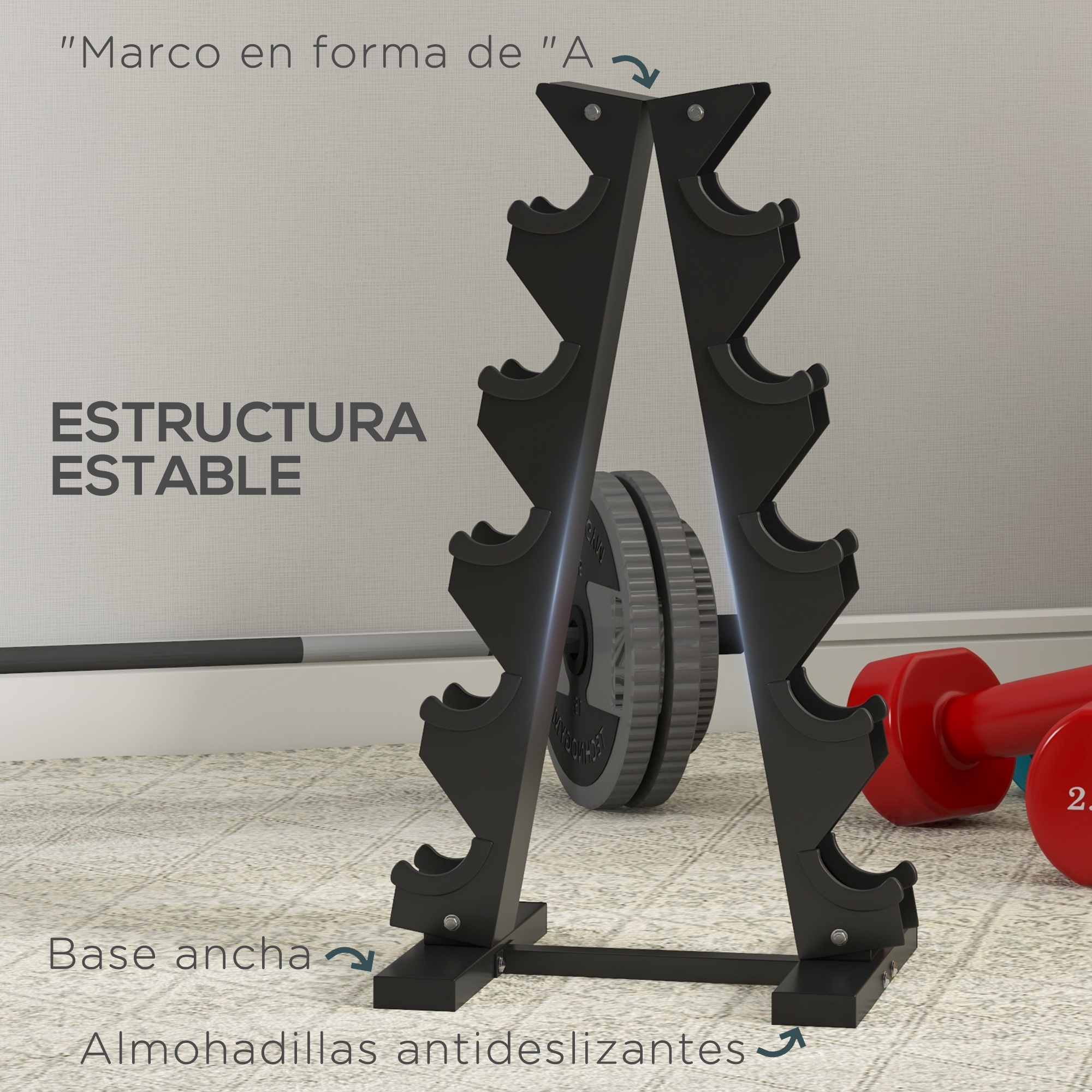 Estante negro para pesas. Mancuerna roja en el suelo. Texto: Estructura estable, base ancha.