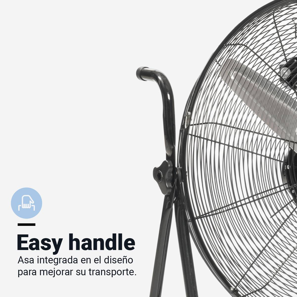 Ventilador industrial con marco negro y asa. El texto 'Easy handle' es visible.
